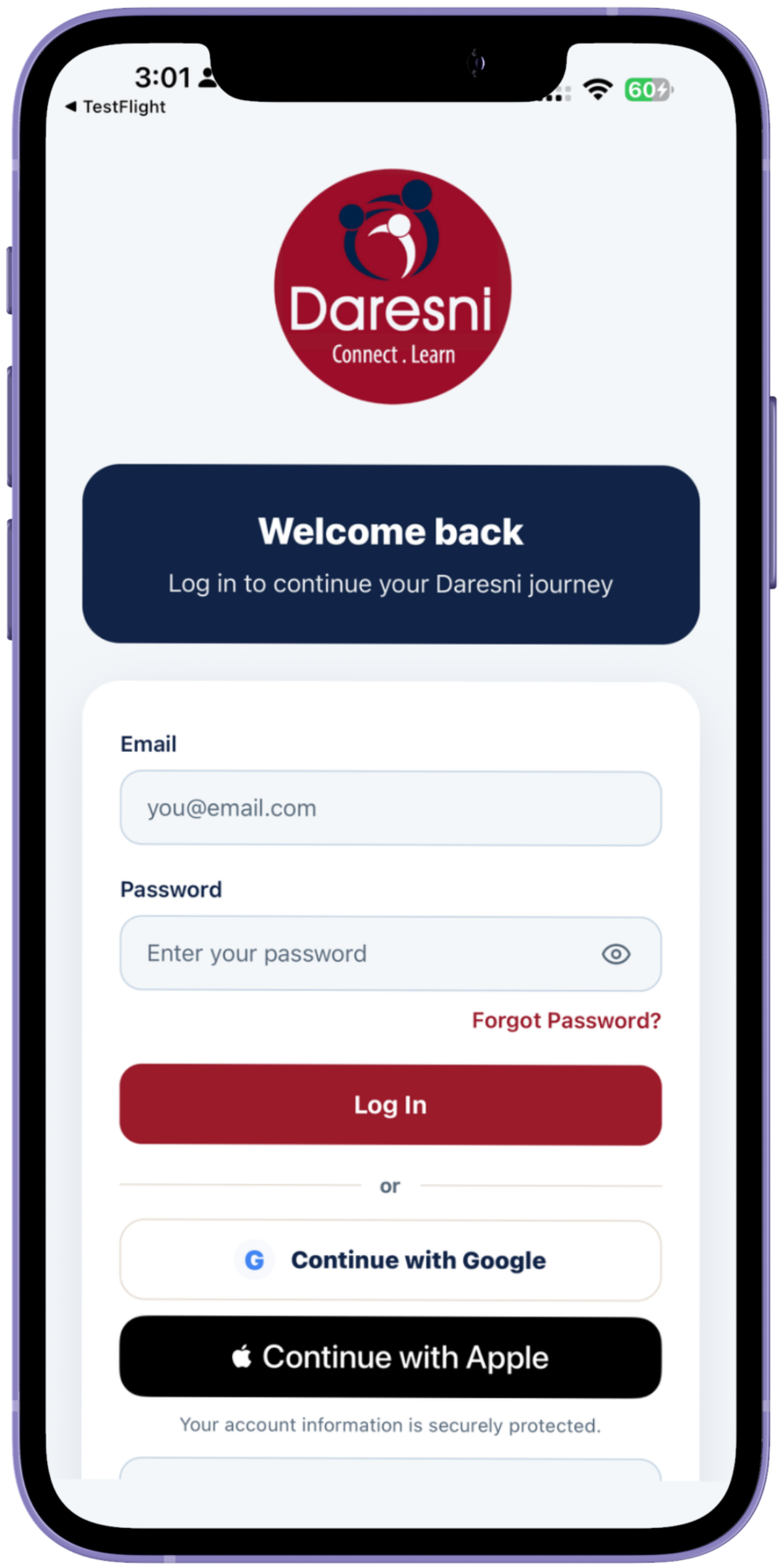 Daresni mobile app — get started in seconds