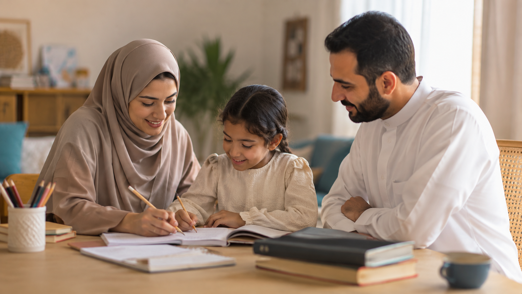 Warm family learning moment representing Daresni photography style
