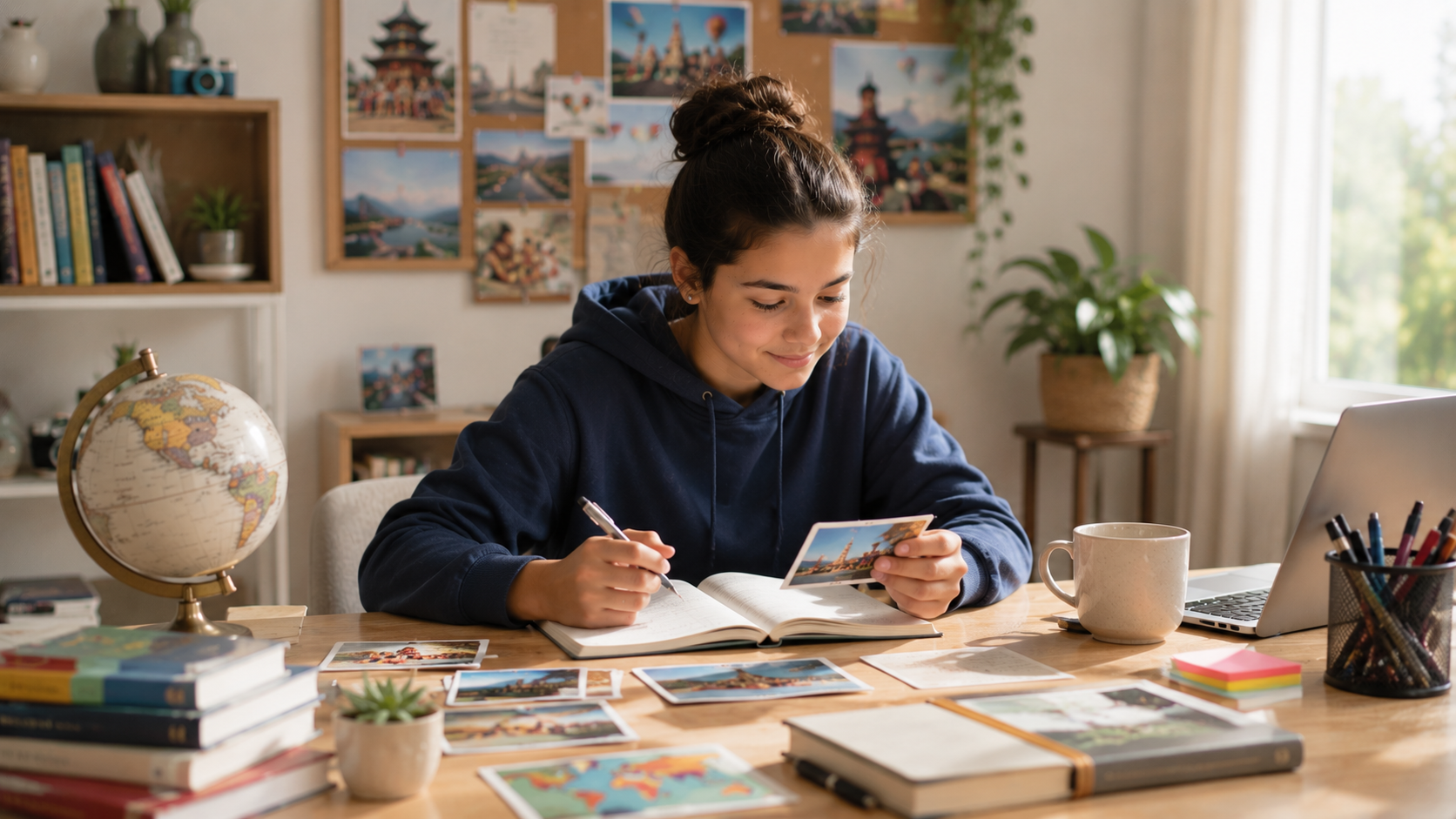 Child exploring language learning resources with support from an educator