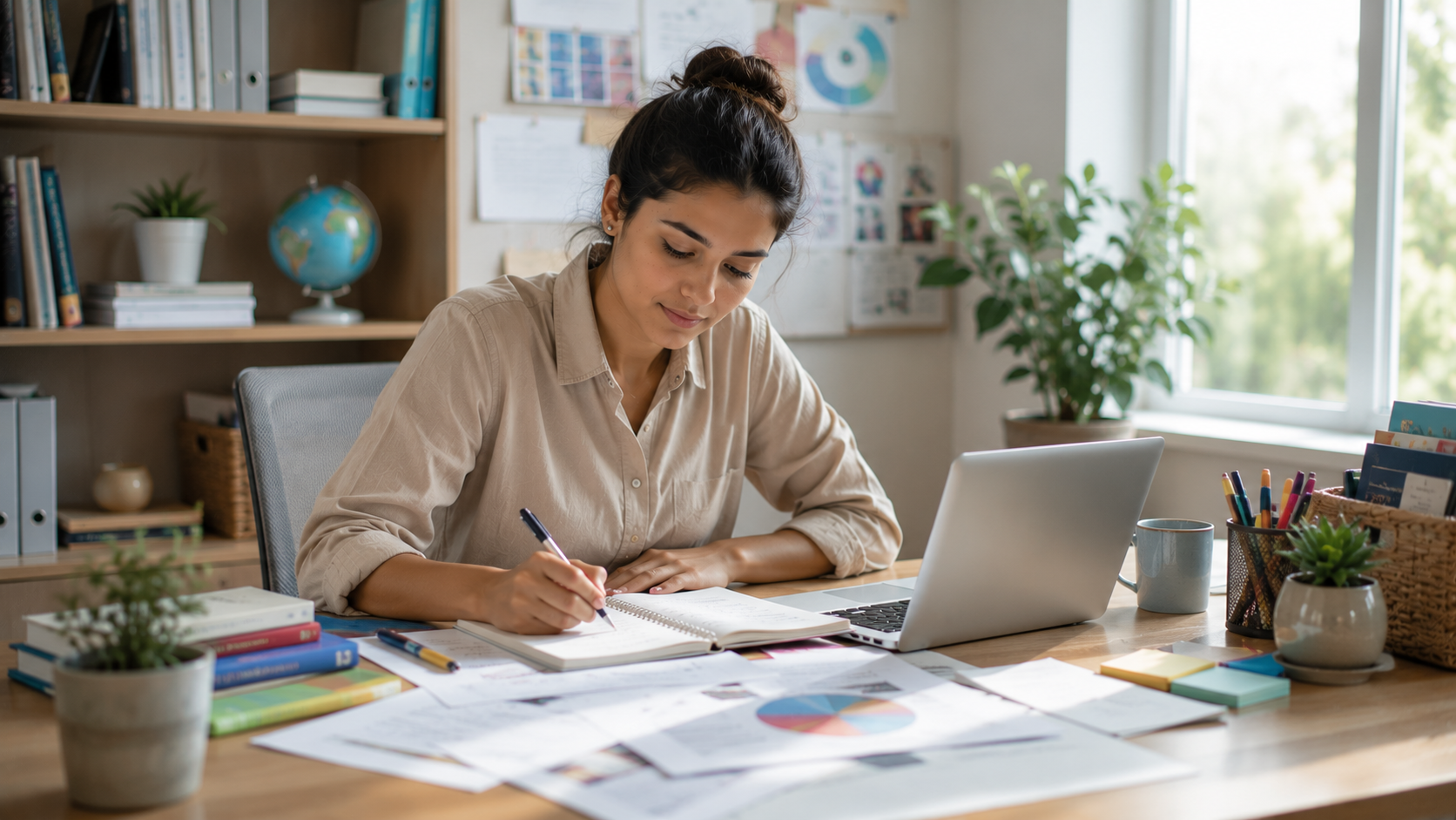 Educator planning an engaging lesson using educational resources and a laptop