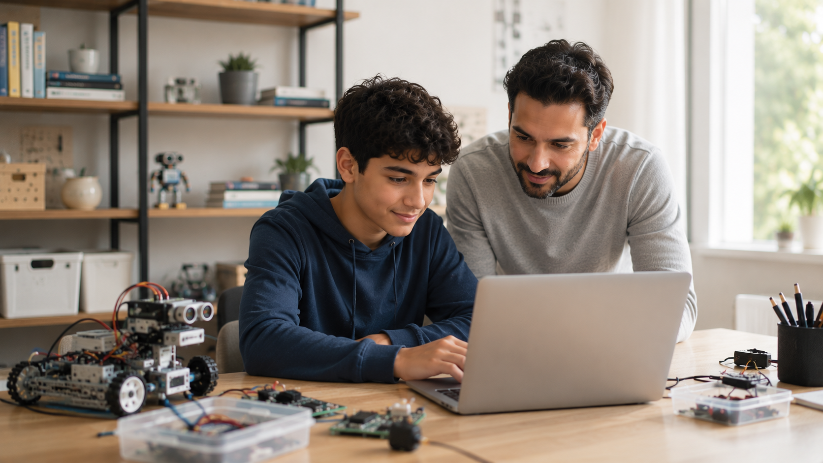 Young student learning computer programming with support from a mentor