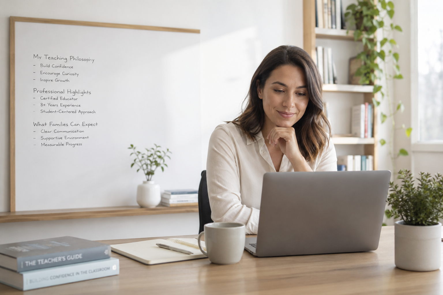 Educator preparing a professional teaching profile on a laptop