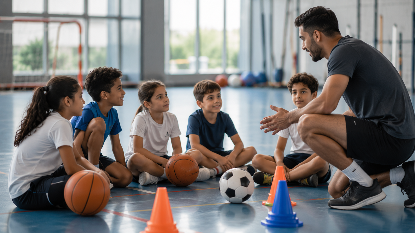 Child taking part in a structured sports activity with support from a coach