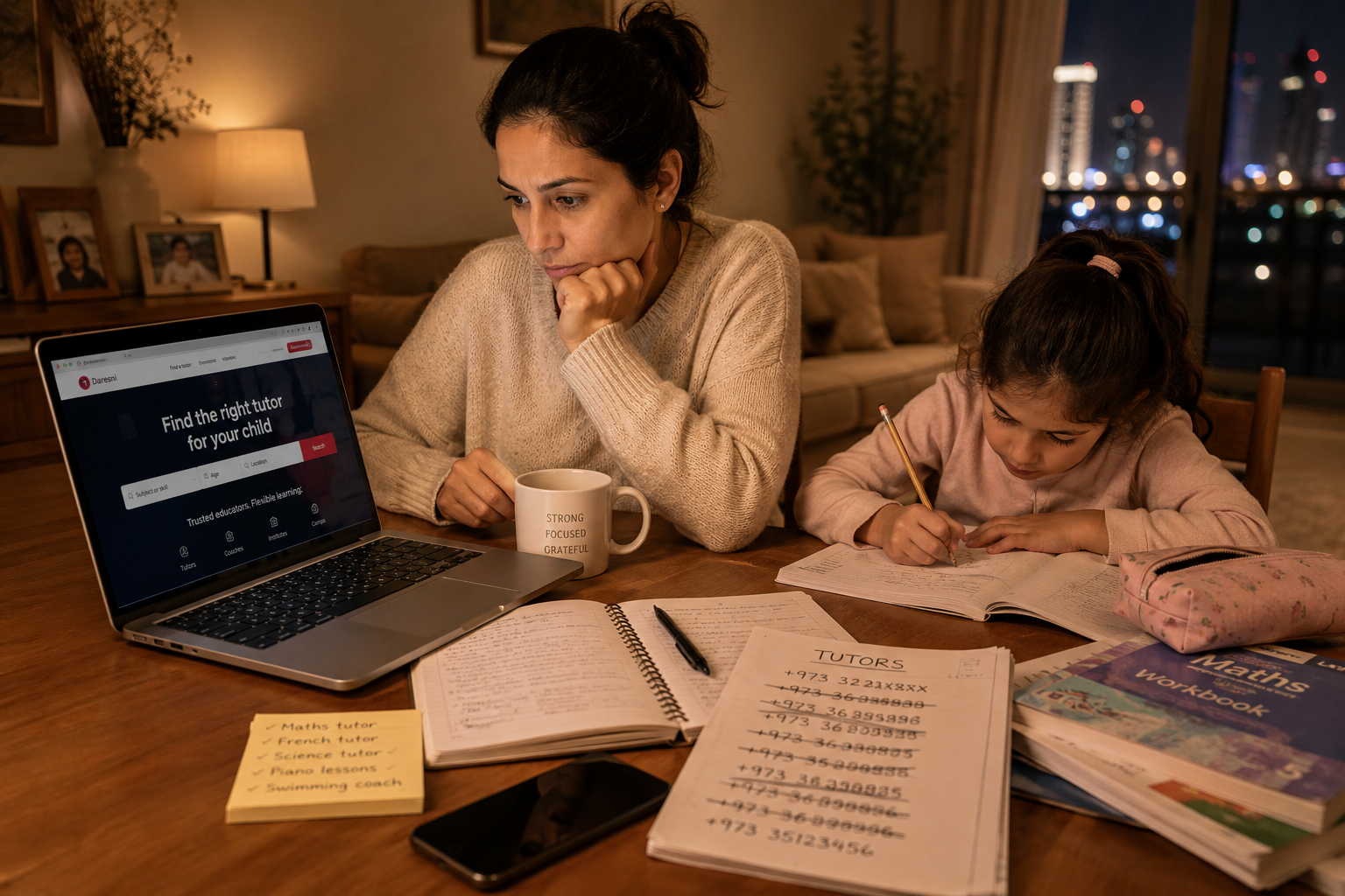 A mother searching for the right tutor while her daughter studies at home.