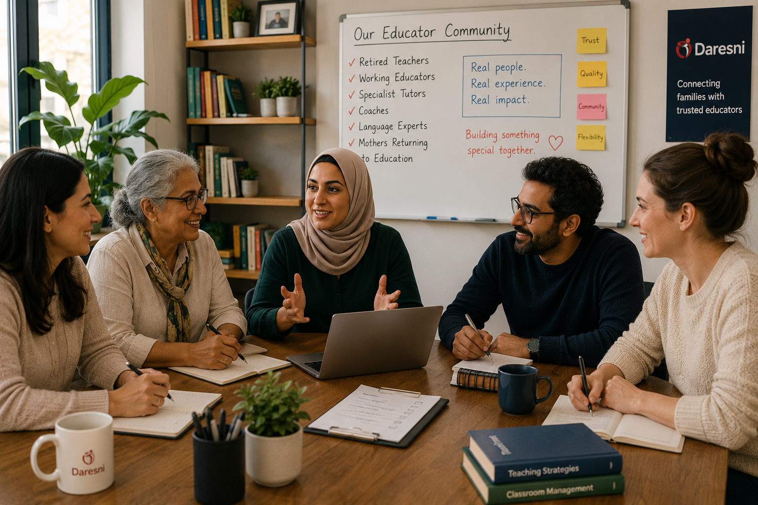 A diverse group of educators collaborating around a table, representing Daresni's first educator community.